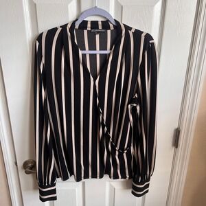 Adrianna Papell Black & Beige‎ Striped Long Sleeve Blouse - Women's Large